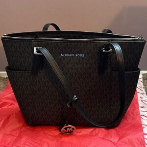 Michael Kors Black Monogram Tote with Silver MK Charm